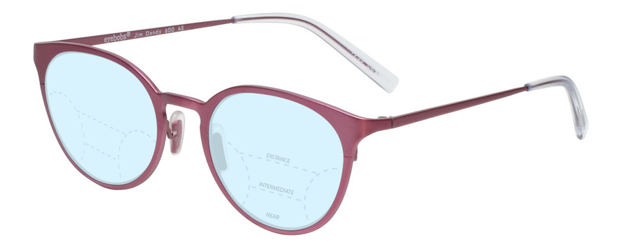 Profile View of Eyebobs Jim Dandy Designer Progressive Lens Blue Light Blocking Eyeglasses in Satin Fuchsia Pink Purple Unisex Round Full Rim Metal 50 mm with Blue Light Zone functionality illustration laid over the lens