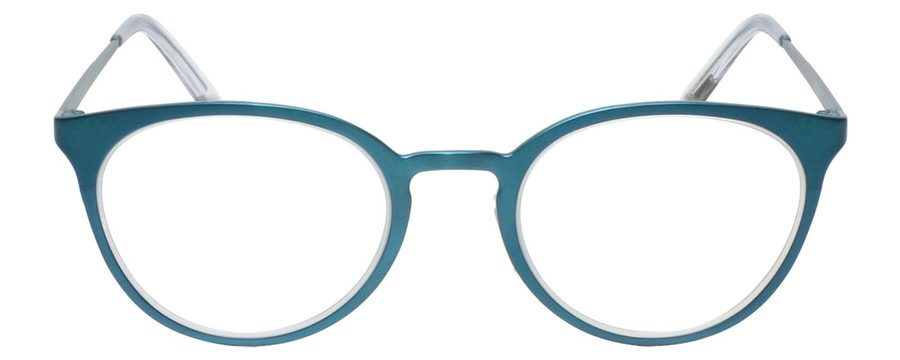 Front View of Eyebobs Jim Dandy Round Designer Reading Glasses in Satin Teal Blue Crystal 50mm