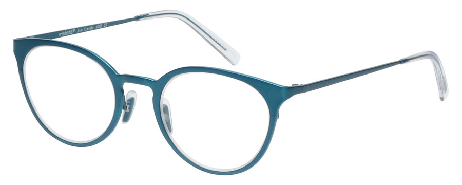 Profile View of Eyebobs Jim Dandy Designer Reading Eye Glasses with Custom Cut Powered Lenses in Satin Teal Blue Crystal Unisex Round Full Rim Metal 50 mm