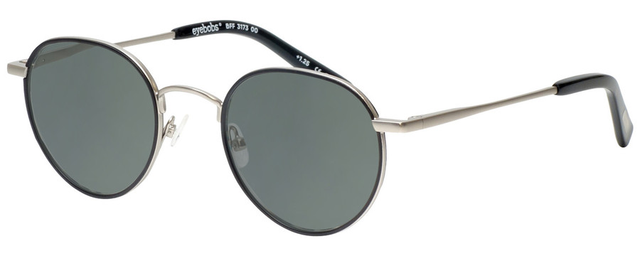 Profile View of Eyebobs BFF 3173-00 Designer Polarized Sunglasses with Custom Cut Smoke Grey Lenses in Silver Black Unisex Oval Full Rim Metal 46 mm