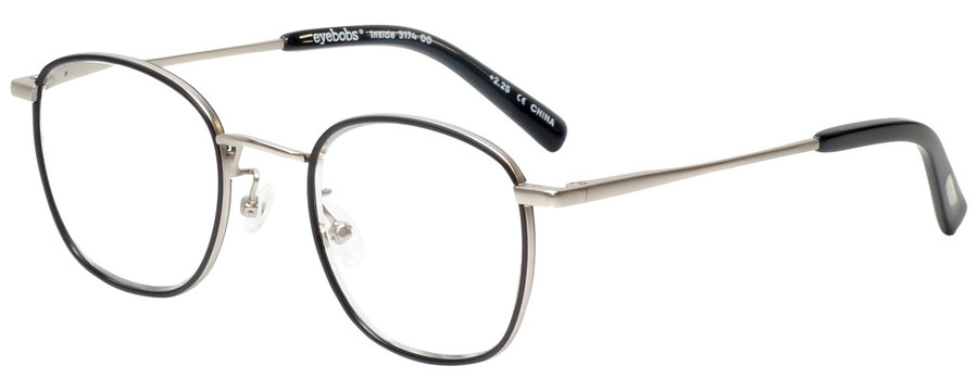 Profile View of Eyebobs Inside 3174-00 Designer Reading Eye Glasses with Custom Cut Powered Lenses in Black Silver Unisex Square Full Rim Metal 48 mm