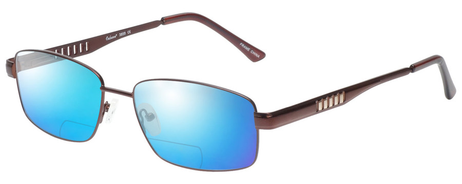 Profile View of Enhance EN3858 Designer Polarized Reading Sunglasses with Custom Cut Powered Blue Mirror Lenses in Brown Gold Mens Rectangle Full Rim Metal 59 mm