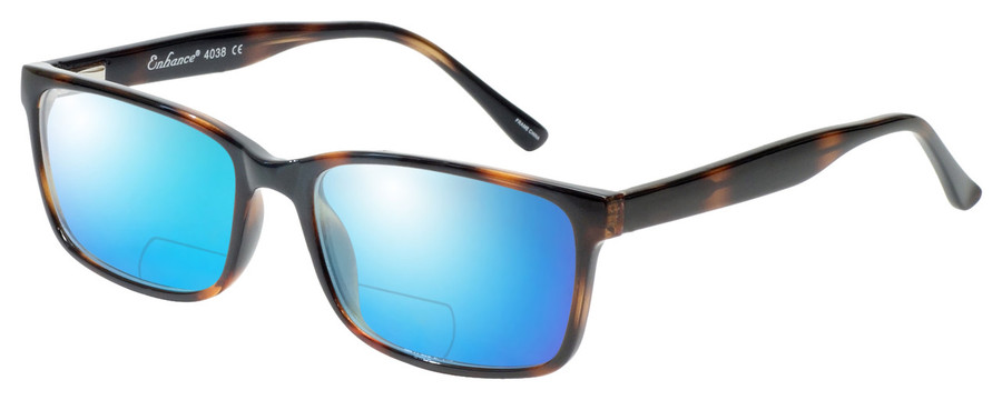 Profile View of Enhance EN4038 Designer Polarized Reading Sunglasses with Custom Cut Powered Blue Mirror Lenses in Tortoise Havana Brown Gold Mens Classic Full Rim Acetate 60 mm