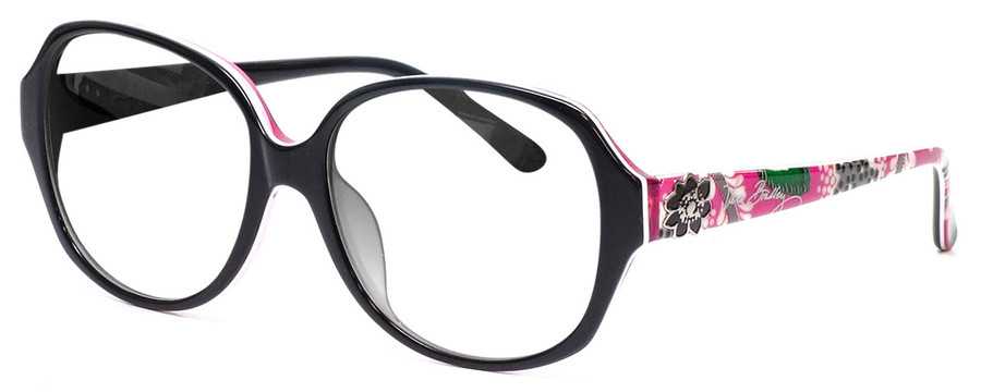 Profile View of Vera Bradley Lillian Designer Reading Eye Glasses with Custom Cut Powered Lenses in Black Priscilla Pink Ladies Oversized Full Rim Acetate 57 mm