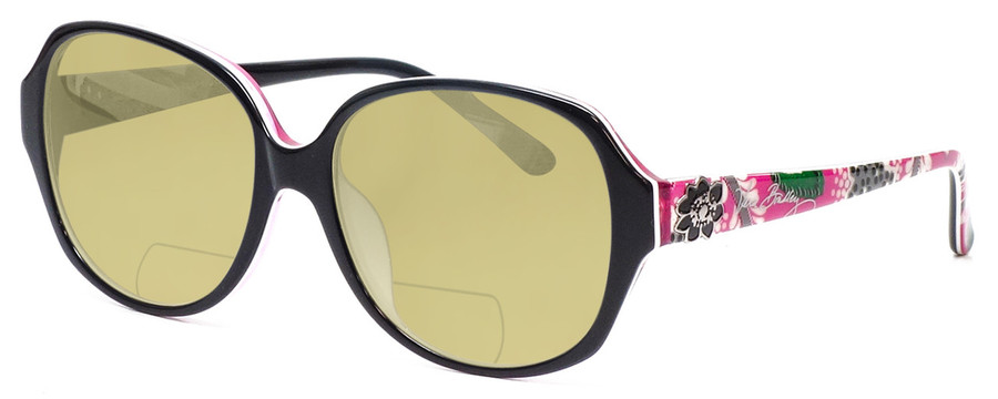 Profile View of Vera Bradley Lillian Designer Polarized Reading Sunglasses with Custom Cut Powered Sun Flower Yellow Lenses in Black Priscilla Pink Ladies Oversized Full Rim Acetate 57 mm