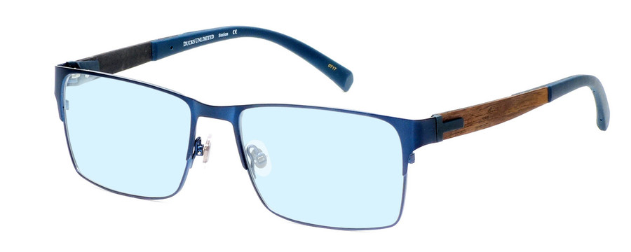Profile View of Ducks Unlimited Station Designer Progressive Lens Blue Light Blocking Eyeglasses in Cobalt Blue Mens Rectangle Full Rim Metal 55 mm