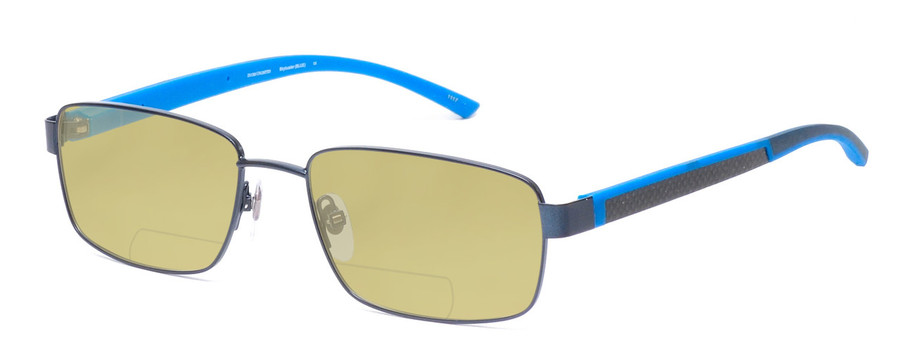 Profile View of Ducks Unlimited Skybuster Designer Polarized Reading Sunglasses with Custom Cut Powered Sun Flower Yellow Lenses in Blue Mens Rectangle Full Rim Metal 54 mm