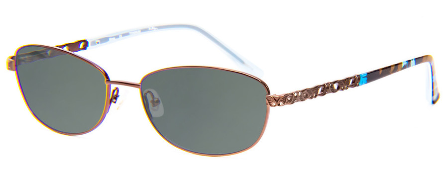 Profile View of Vera Bradley Maya Designer Polarized Sunglasses with Custom Cut Smoke Grey Lenses in Java Crystals Floral Blue Brown Ladies Oval Full Rim Titanium 56 mm