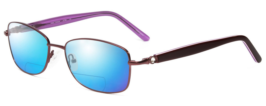 Profile View of Joan Collins JC9796-BUR Designer Polarized Reading Sunglasses with Custom Cut Powered Blue Mirror Lenses in Burgundy Red Lilac Purple Crystals Ladies Square Full Rim Stainless Steel 57 mm