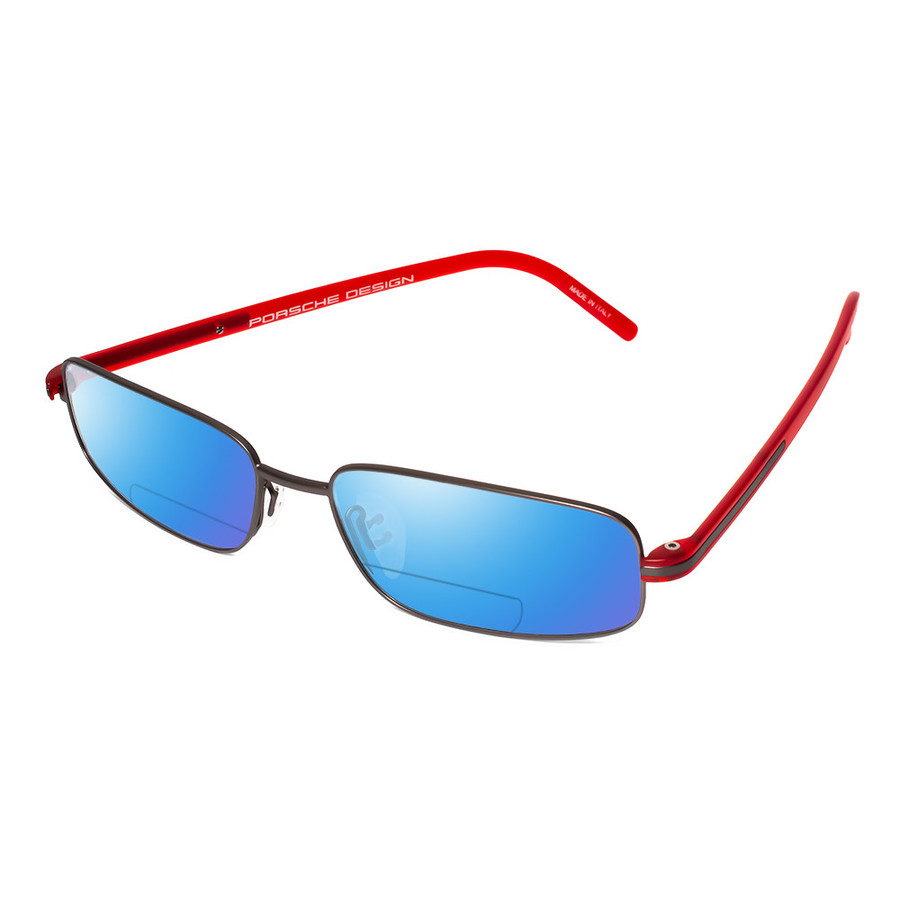 Profile View of Porsche Design P8125-D-57 Designer Polarized Reading Sunglasses with Custom Cut Powered Blue Mirror Lenses in Dark Gun Metal & Red Unisex Rectangle Full Rim Titanium 57 mm
