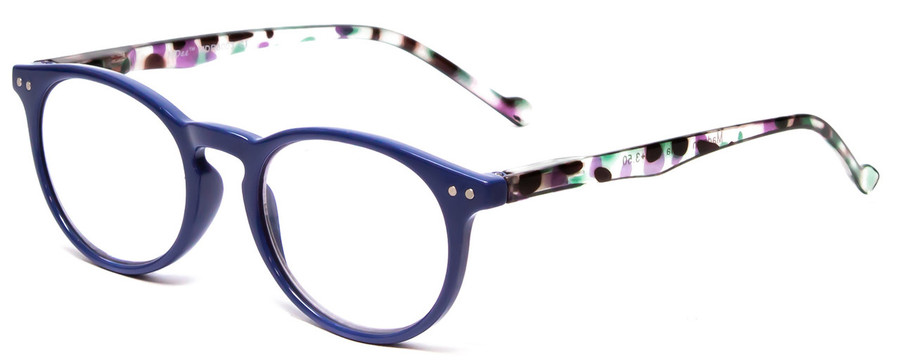 Profile View of Calabria MDR8003 Designer Reading Eye Glasses with Custom Cut Powered Lenses in Navy Blue Crystal Spot Unisex Oval Full Rim Acetate 47 mm
