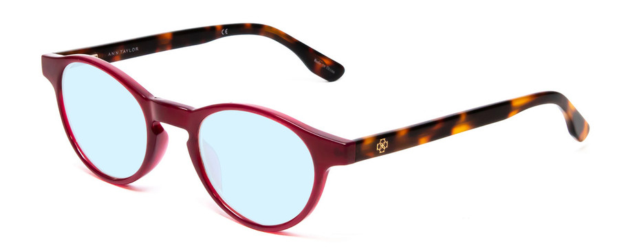 Profile View of Ann Taylor ATR030 Designer Blue Light Blocking Eyeglasses in Red Pink Tortoise Havana Brown Gold Ladies Round Full Rim Acetate 47 mm