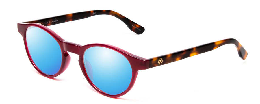Profile View of Ann Taylor ATR030 Designer Polarized Sunglasses with Custom Cut Blue Mirror Lenses in Red Pink Tortoise Havana Brown Gold Ladies Round Full Rim Acetate 47 mm