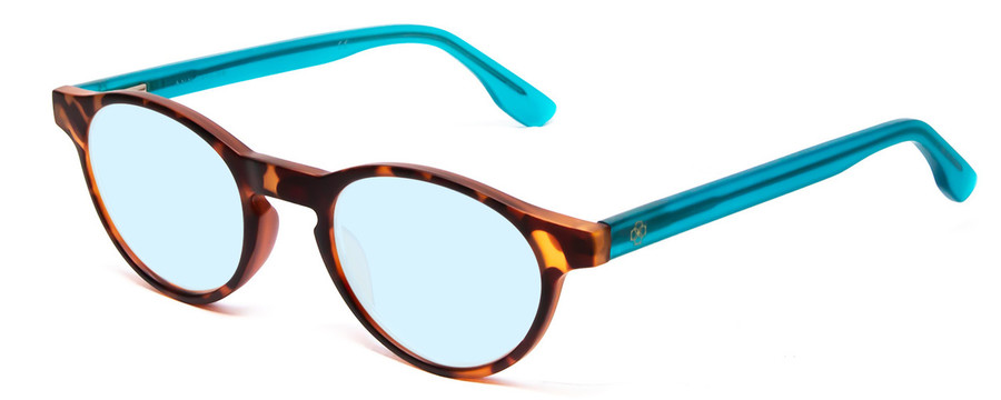 Profile View of Ann Taylor ATR030 Designer Blue Light Blocking Eyeglasses in Tortoise Brown Gold Turquoise Crystal Blue Ladies Round Full Rim Acetate 47 mm