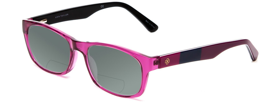 Profile View of Ann Taylor ATR040 Designer Polarized Reading Sunglasses with Custom Cut Powered Smoke Grey Lenses in Crystal Purple Hot Pink Fuchsia Stripe Ladies Classic Full Rim Acetate 52 mm