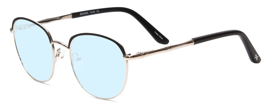 Profile View of Scott&Zelda SZ7429 Designer Blue Light Blocking Eyeglasses in Satin Black Silver Glitter Tips Unisex Round Full Rim Metal 50 mm