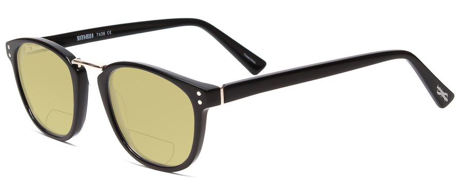 Profile View of Scott&Zelda SZ7436 Designer Polarized Reading Sunglasses with Custom Cut Powered Sun Flower Yellow Lenses in Gloss Black Silver Studs Unisex Oval Full Rim Acetate 49 mm