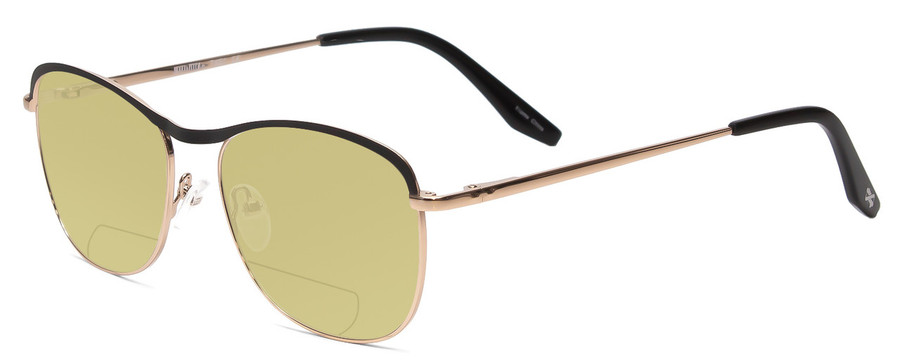 Profile View of Scott&Zelda SZ7451 Designer Polarized Reading Sunglasses with Custom Cut Powered Sun Flower Yellow Lenses in Matte Black Gold Gloss Tips Unisex Classic Full Rim Metal 55 mm