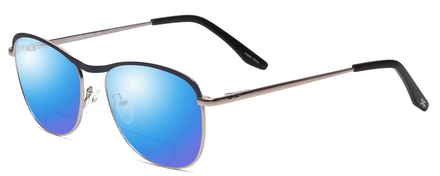 Profile View of Scott&Zelda SZ7451 Designer Polarized Reading Sunglasses with Custom Cut Powered Blue Mirror Lenses in Matte Blue Gun Metal Silver Black Tips Unisex Classic Full Rim Metal 55 mm