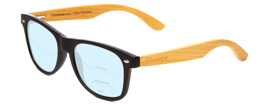 Profile View of Coyote Woodie Designer Progressive Lens Blue Light Blocking Eyeglasses in Black Silver Brown Bamboo Wood Unisex Classic Full Rim Wood 52 mm with Blue Light Zone functionality illustration laid over the lens