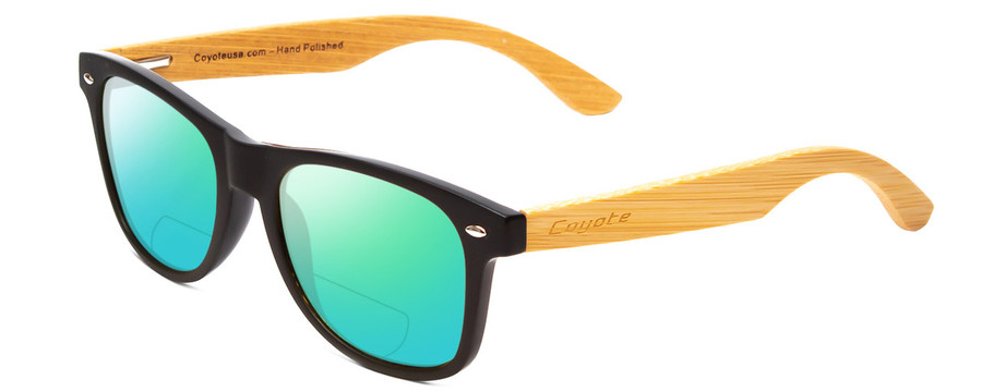 Profile View of Coyote Woodie Designer Polarized Reading Sunglasses with Custom Cut Powered Green Mirror Lenses in Black Silver Brown Bamboo Wood Unisex Classic Full Rim Wood 52 mm
