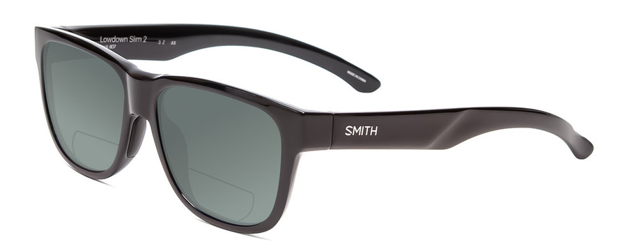 Profile View of Smith Optics Lowdown Slim 2 Designer Polarized Reading Sunglasses with Custom Cut Powered Smoke Grey Lenses in Gloss Black Unisex Classic Full Rim Acetate 53 mm