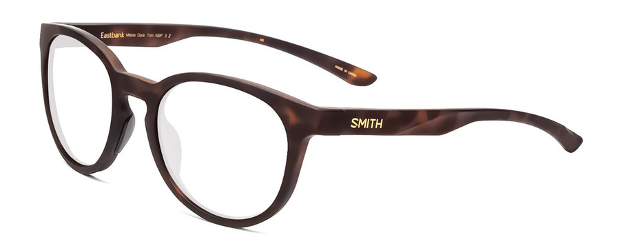 Profile View of Smith Optics Eastbank Designer Reading Eye Glasses with Custom Cut Powered Lenses in Matte Tortoise Havana Brown Gold Unisex Round Full Rim Acetate 52 mm