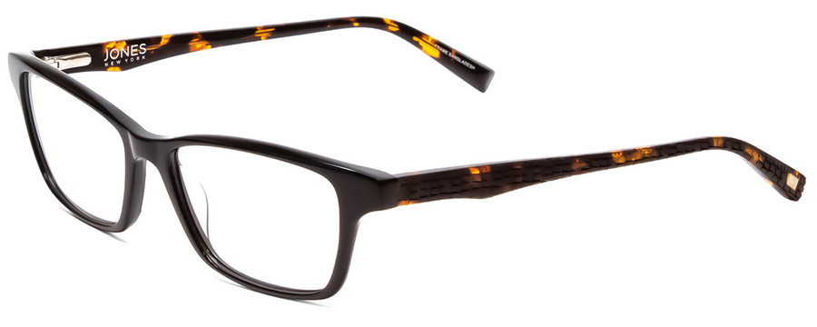 Profile View of Jones New York J230 Designer Single Vision Prescription Rx Eyeglasses in Black Tortoise Alligator Skin Print Ladies Square Full Rim Acetate 48 mm