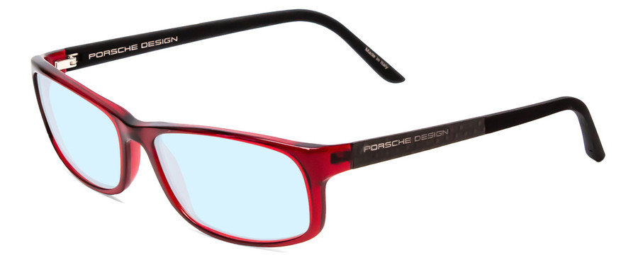 Profile View of Porsche Designs P8243-C Designer Progressive Lens Blue Light Blocking Eyeglasses in Crystal Cherry Red Matte Black Unisex Oval Full Rim Acetate 54 mm