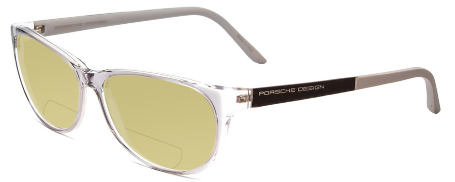 Profile View of Porsche Designs P8246-D Designer Polarized Reading Sunglasses with Custom Cut Powered Sun Flower Yellow Lenses in Crystal Grey Unisex Oval Full Rim Acetate 56 mm