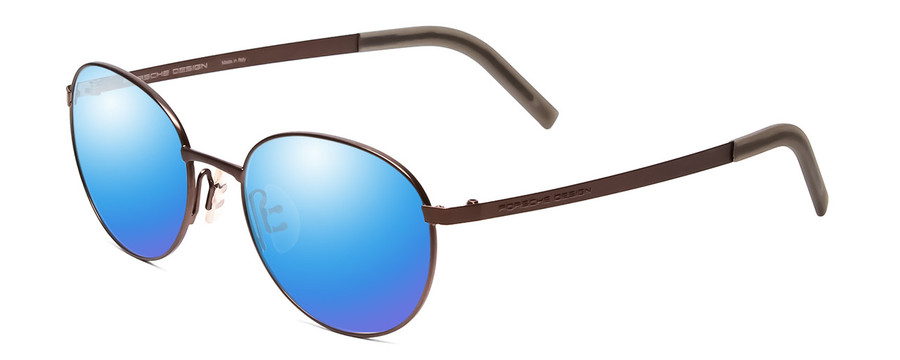 Profile View of Porsche Designs P8315-B Designer Polarized Sunglasses with Custom Cut Blue Mirror Lenses in Satin Brown Copper Unisex Round Full Rim Metal 52 mm