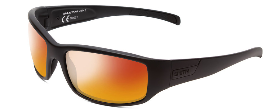 Profile View of Smith Optics Prospect Designer Polarized Sunglasses with Custom Cut Red Mirror Lenses in Matte Black Unisex Wrap Full Rim Acetate 61 mm