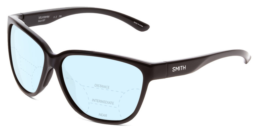 Profile View of Smith Optics Monterey Designer Progressive Lens Blue Light Blocking Eyeglasses in Gloss Black Ladies Cateye Full Rim Acetate 58 mm with Blue Light Zone functionality illustration laid over the lens