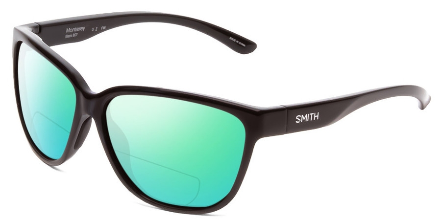 Profile View of Smith Optics Monterey Designer Polarized Reading Sunglasses with Custom Cut Powered Green Mirror Lenses in Gloss Black Ladies Cateye Full Rim Acetate 58 mm
