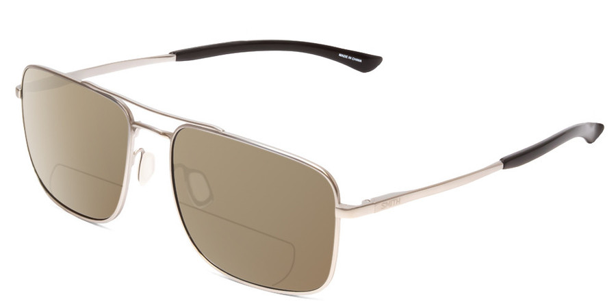 Profile View of Smith Optics Outcome Designer Polarized Reading Sunglasses with Custom Cut Powered Amber Brown Lenses in Matte Silver Black Unisex Aviator Full Rim Metal 59 mm
