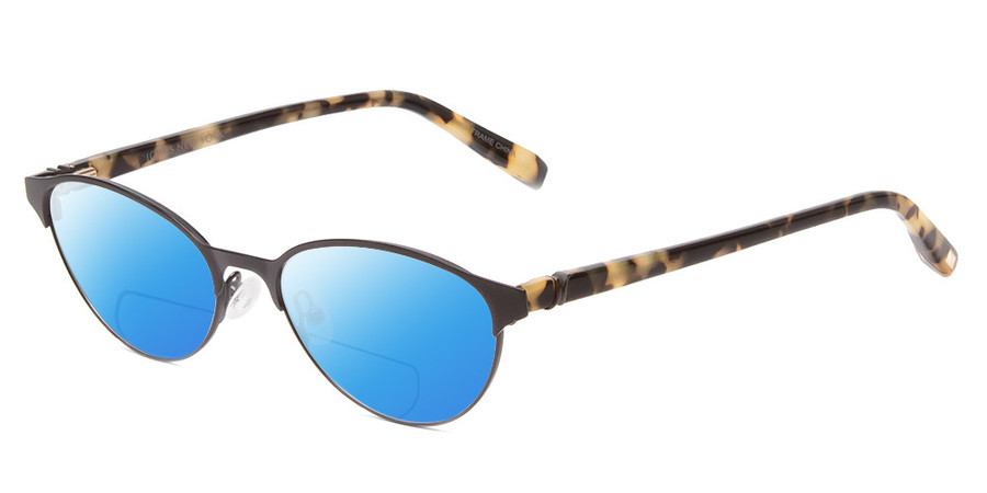 Profile View of Jones New York J137 Designer Polarized Reading Sunglasses with Custom Cut Powered Blue Mirror Lenses in Black & Tokyo Tortoise Havana Brown Gold Unisex Oval Full Rim Metal 49 mm