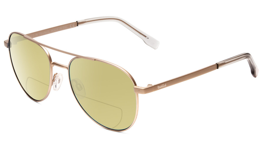 Profile View of Bolle Evel Designer Polarized Reading Sunglasses with Custom Cut Powered Sun Flower Yellow Lenses in Matte Sand Brown Unisex Aviator Full Rim Metal 60 mm