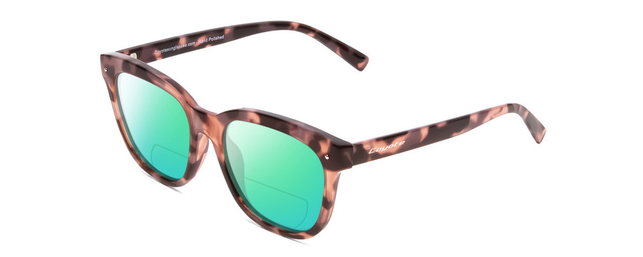 Profile View of Coyote Cheyenne Designer Polarized Reading Sunglasses with Custom Cut Powered Green Mirror Lenses in Purple Tortoise Ladies Square Full Rim Acetate 52 mm