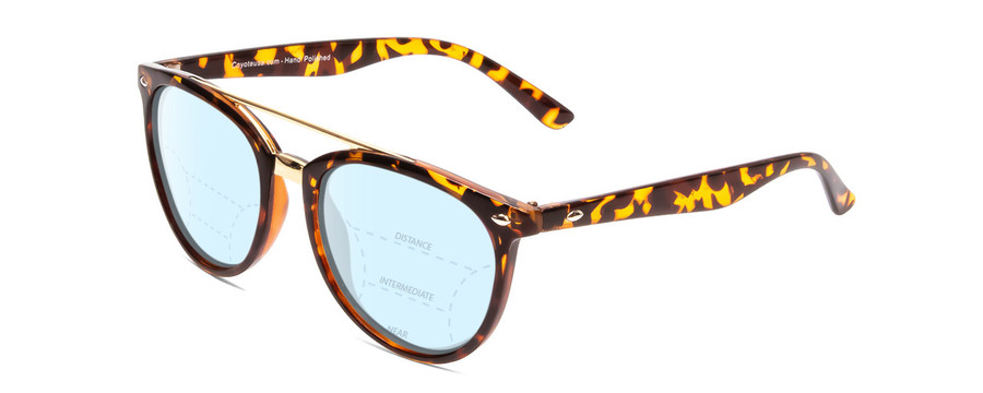 Profile View of Coyote Downtown Designer Progressive Lens Blue Light Blocking Eyeglasses in Tortoise Brown Ladies Cateye Full Rim Acetate 54 mm with Blue Light Zone functionality illustration laid over the lens