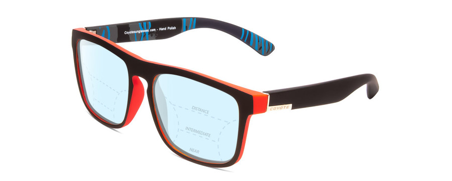 Profile View of Coyote Marco Designer Progressive Lens Blue Light Blocking Eyeglasses in Matte Black Grey Unisex Square Full Rim Acetate 53 mm with Blue Light Zone functionality illustration laid over the lens