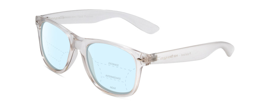 Profile View of Coyote P-23 Designer Progressive Lens Blue Light Blocking Eyeglasses in Crystal Clear Grey Unisex Square Full Rim Acetate 51 mm with Blue Light Zone functionality illustration laid over the lens