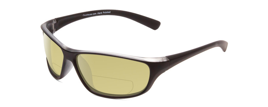 Profile View of Coyote P-38 Designer Polarized Reading Sunglasses with Custom Cut Powered Sun Flower Yellow Lenses in Matte Black Grey Unisex Wrap Full Rim Acetate 65 mm