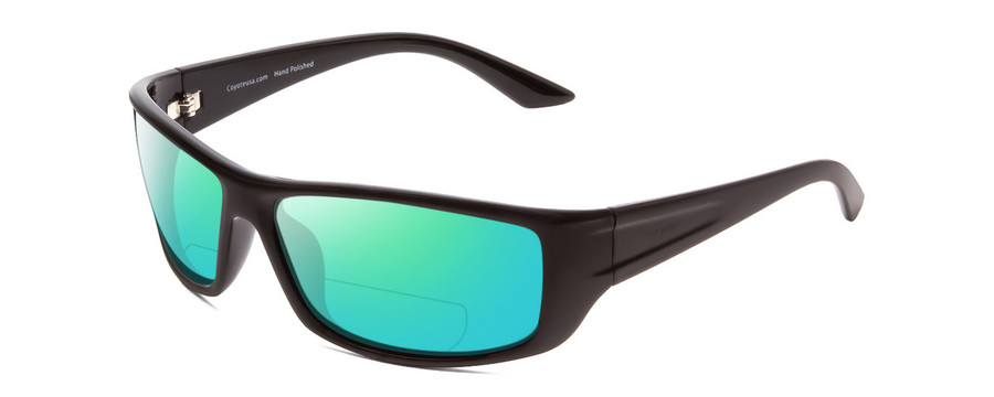 Profile View of Coyote P-59 Designer Polarized Reading Sunglasses with Custom Cut Powered Green Mirror Lenses in Matte Black Grey Unisex Wrap Full Rim Acetate 63 mm