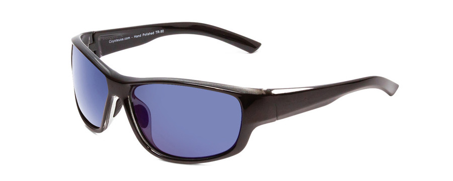 Profile View of Coyote Salty Unisex Wrap Polarized Sunglasses Gloss Black Grey/Blue Mirror 61 mm