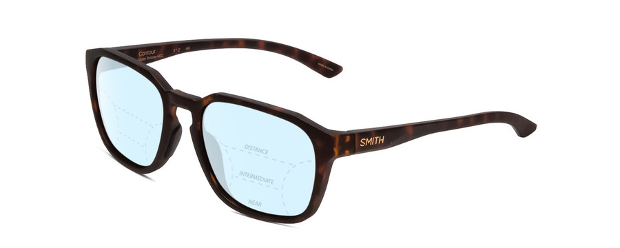 Profile View of Smith Optics Contour Designer Progressive Lens Blue Light Blocking Eyeglasses in Matte Tortoise Havana Gold Unisex Square Full Rim Acetate 56 mm with Blue Light Zone functionality illustration laid over the lens