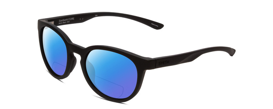 Profile View of Smith Optics Eastbank Core Designer Polarized Reading Sunglasses with Custom Cut Powered Blue Mirror Lenses in Matte Black Unisex Round Full Rim Acetate 52 mm