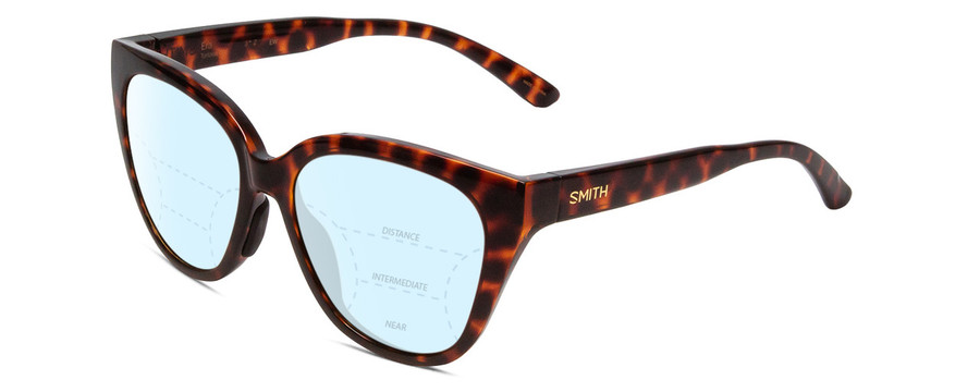 Profile View of Smith Optics Era Designer Progressive Lens Blue Light Blocking Eyeglasses in Tortoise Havana Brown Gold Ladies Cateye Full Rim Acetate 55 mm with Blue Light Zone functionality illustration laid over the lens