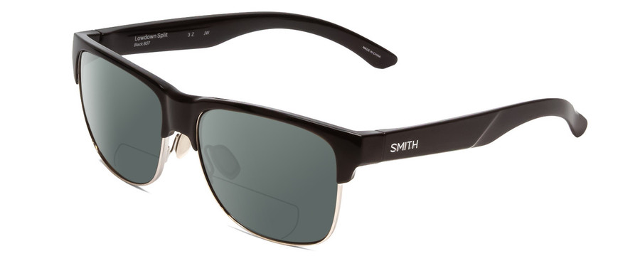 Profile View of Smith Optics Lowdown Split Designer Polarized Reading Sunglasses with Custom Cut Powered Smoke Grey Lenses in Gloss Black Unisex Classic Semi-Rimless Acetate 56 mm