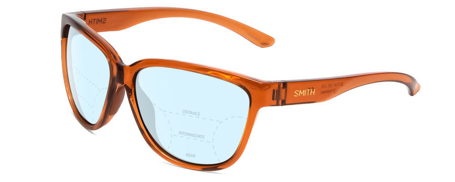 Profile View of Smith Optics Monterey Designer Progressive Lens Blue Light Blocking Eyeglasses in Crystal Tobacco Ladies Cateye Full Rim Acetate 58 mm with Blue Light Zone functionality illustration laid over the lens