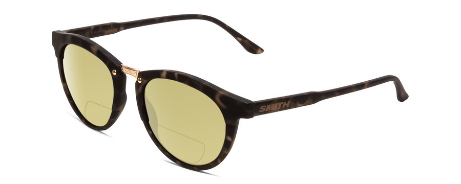 Profile View of Smith Optics Questa Designer Polarized Reading Sunglasses with Custom Cut Powered Sun Flower Yellow Lenses in Matte Ash Tortoise Brown Grey Ladies Round Full Rim Acetate 50 mm